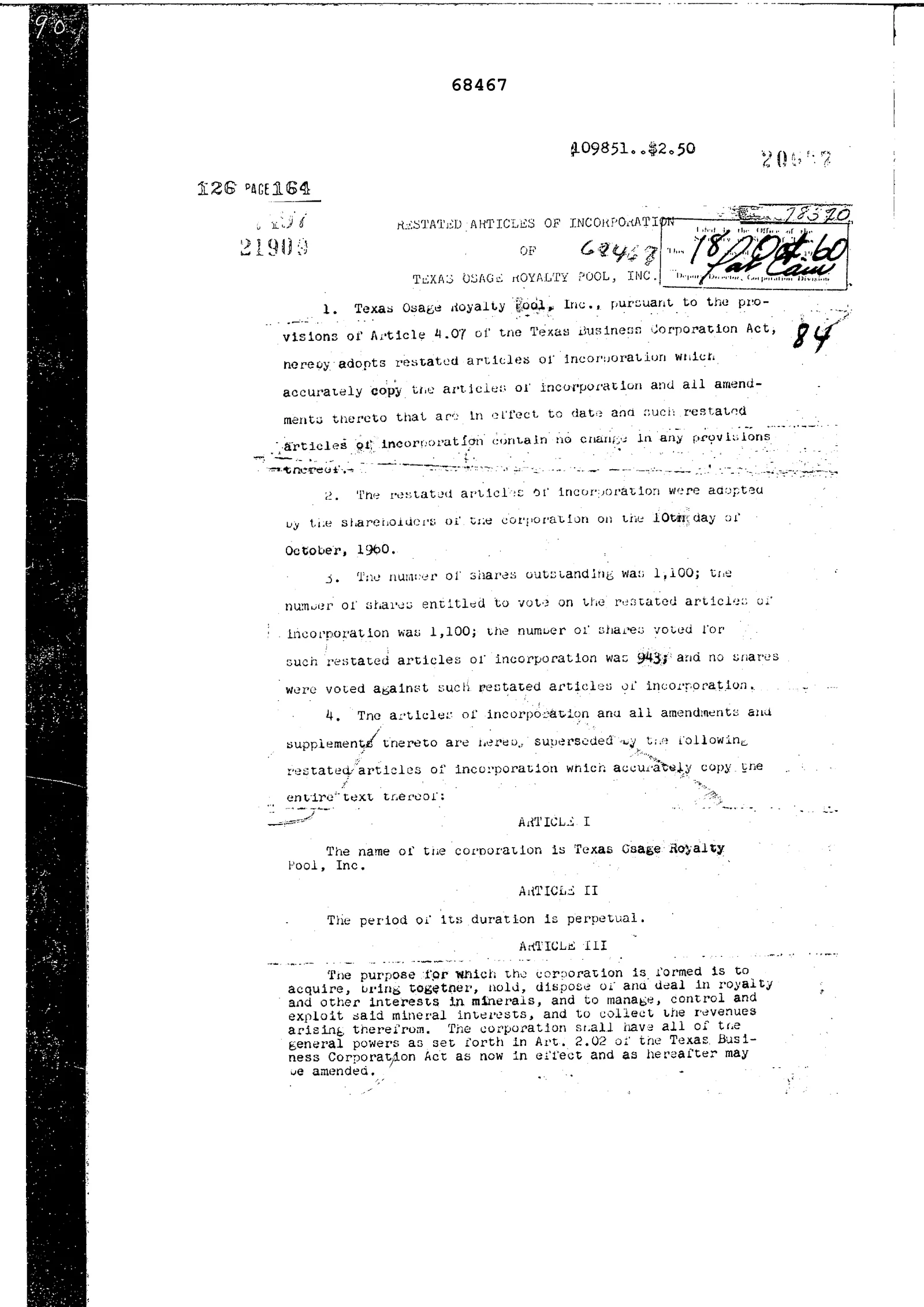 Texas Osage Royalty Pool Inc. - Recorded C C Articles Of Inc (Vol. 282, Page 590)